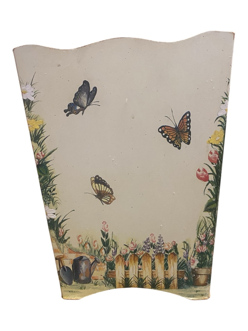 Vintage 90s Butterfly Garden Theme Wooden Waste Basket Square Country Cottage